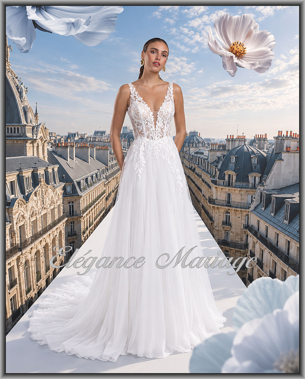 Quetty robe de mariée bohème tulle fluide avec dentelle fine