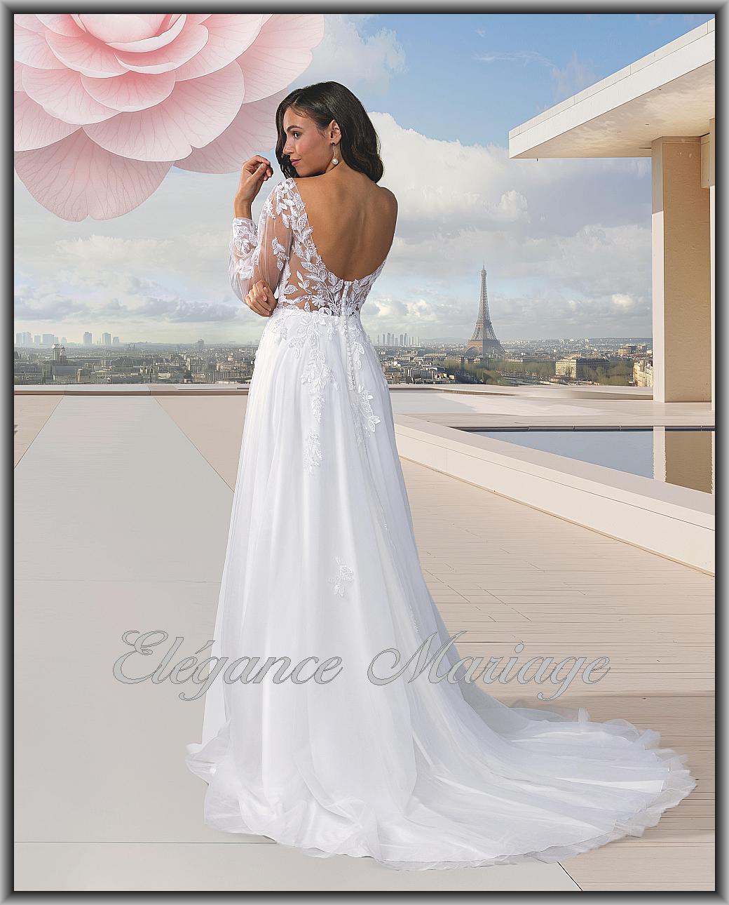 Fortuna robe de mariée en tulle avec manches longues et décolleté dos arrondi