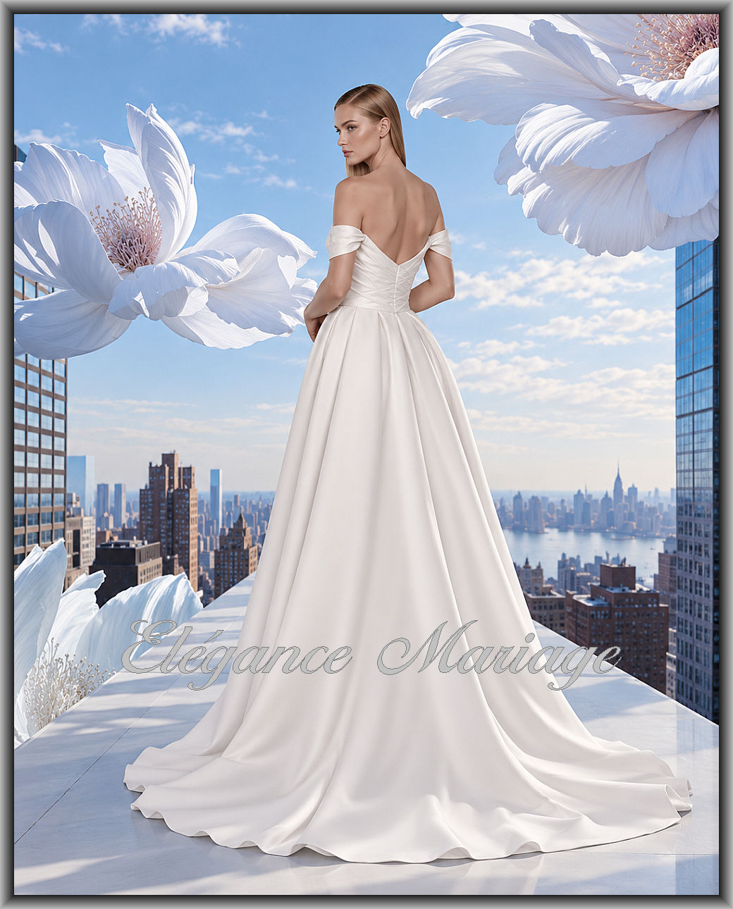 Ynovie robe de mariée sobre avec encolure bateau, dos en V et longue traîne